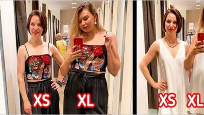 2 kobiety o różnych sylwetkach przymierzają takie same ubrania, pokazując, że styl nie jest zależny od rozmiaru