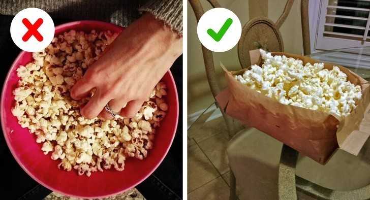 7. Rozetnij z jednej strony opakowanie z popcornem aby uniknąć brudzenia miski i rąk.