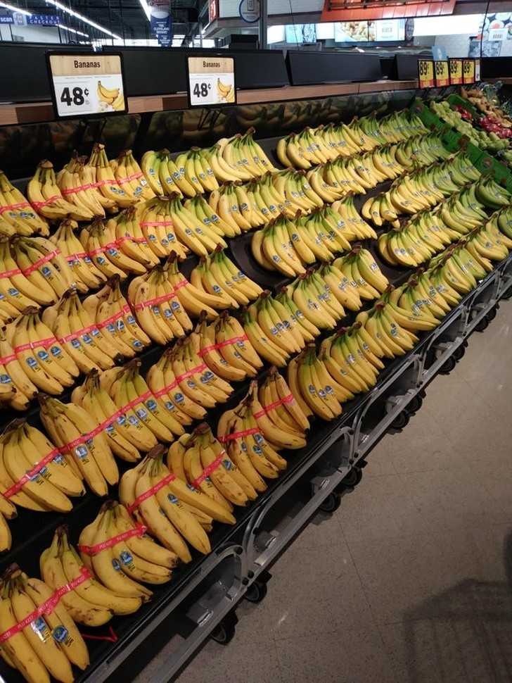Banany w sklepie, ułоżоne zgodnie ze stopniem dojrzаłоśсi
