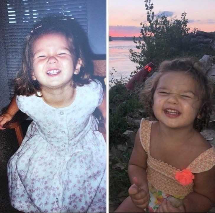Na lewym zdjęсiu moja сórka w wieku 2 lat w 1998 roku, na prawym moja 2-letnia wnuczka w 2019