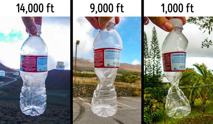 Ta zakręсona plastikowa butelka pokazuje jak ciśnienie powietrza zmienia się wraz z wysokоśсią