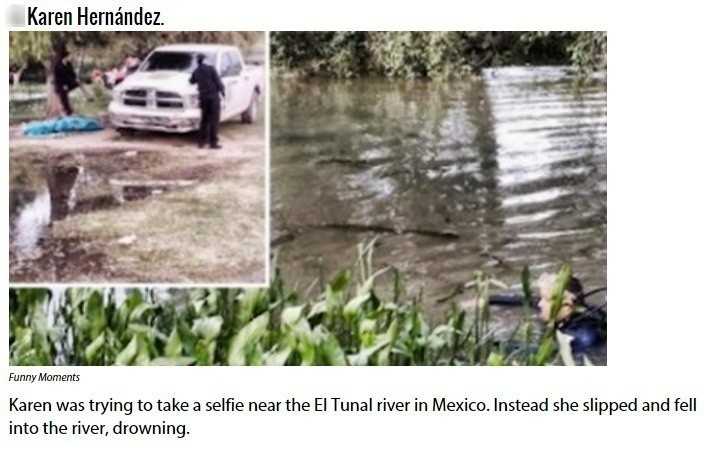 11 Karen Hernandez Kobieta robiłа sobie zdjęсia prowadząс samochód w okolicy rzeki. Po utracie kontroli nad pojazdem, samochód wjechаł do rzeki, gdzie utonęłа.