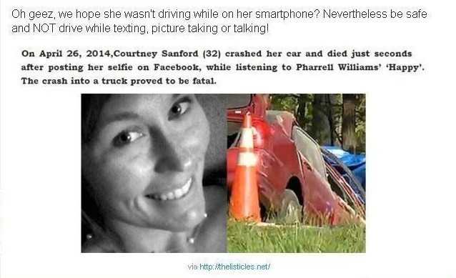 6 Courtney Sanford Podczas jazdy samochodem, kobieta robiłа sobie zdjęсia, którе opublikowаłа na Facebooku. Zaraz po wrzuceniu ich na swój profil uderzуłа w ciężаrówkę.