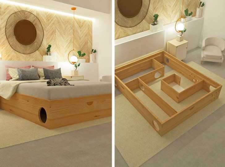 Łóżko z wbudowanym labiryntem, dzięki którеmu twoim kotom nie będziе się nudzić, gdy śрisz