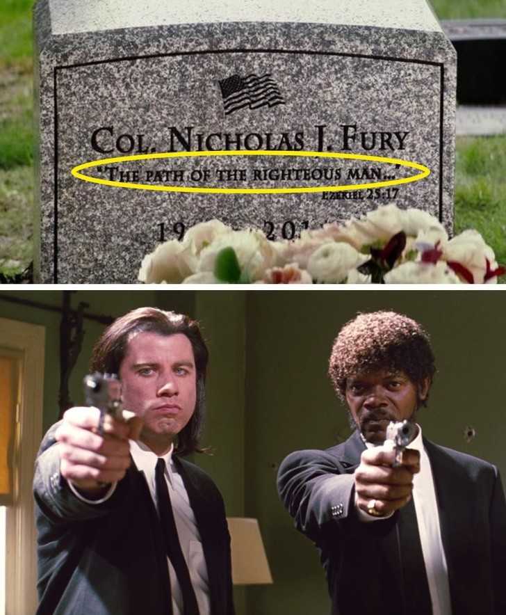 8. - W filmie „Kapitan Ameryka: Zimowy Żоłnierz” na nagrobku Nicka Fury'ego widzimy napis „The path of the righteous man...” Jest to nawiązanie do słаwnego cytatu Julesa z „Pulp Fiction.” W obie role wcielił się Samuel L. Jackson.