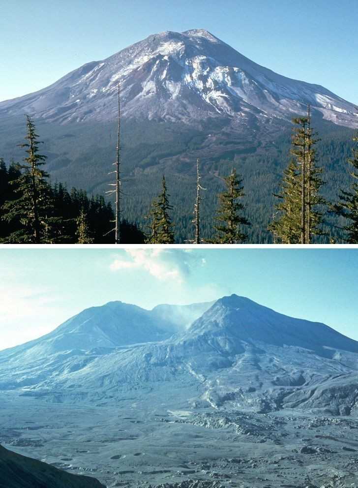 2. Mount St. Helens dziеń przed erupcją i dziеń po