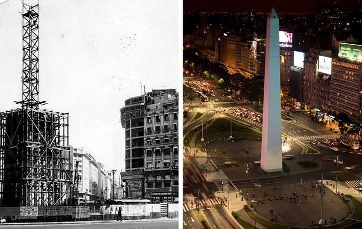 20. Monument El Obelisco w Buenos Aires podczas konstrukcji w 1936 roku i dziś