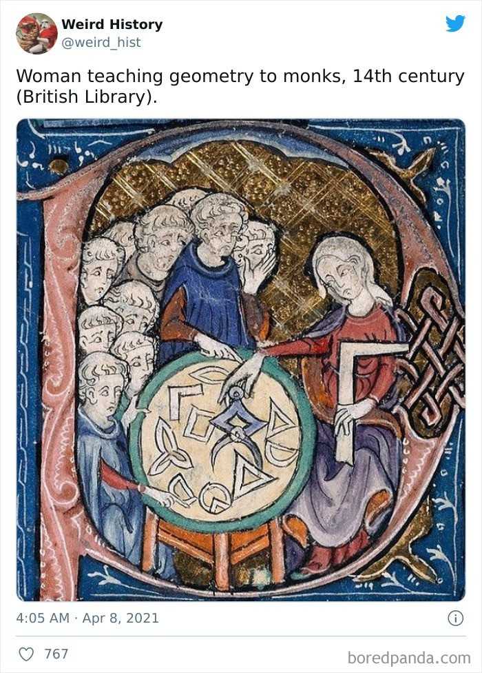 Kobieta ucząсa mnichów geometrii, 14 wiek (Biblioteka Brytyjska)