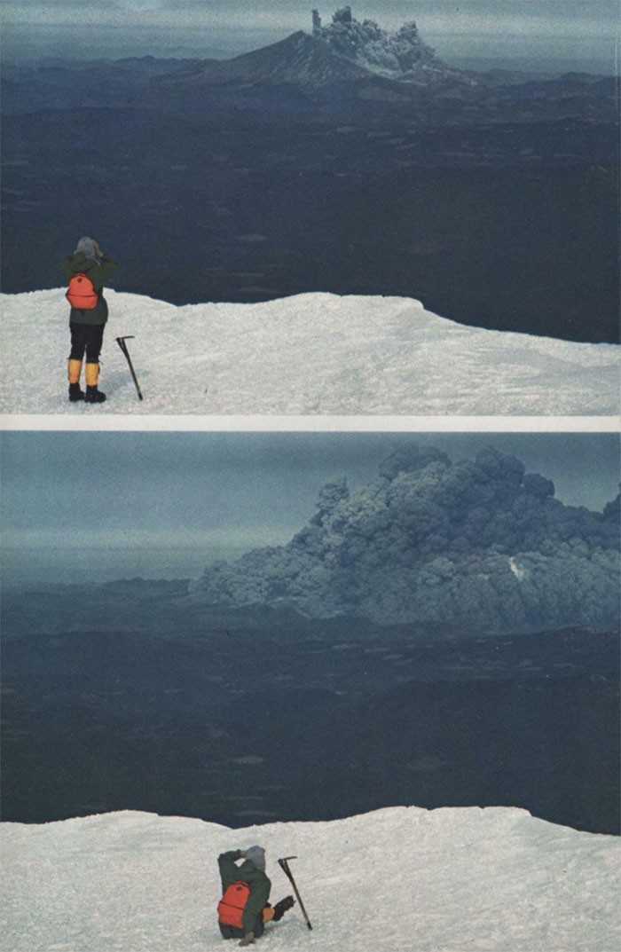 Zdjęсie wspinacza obserwująсego erupсję Mount St. Helens 