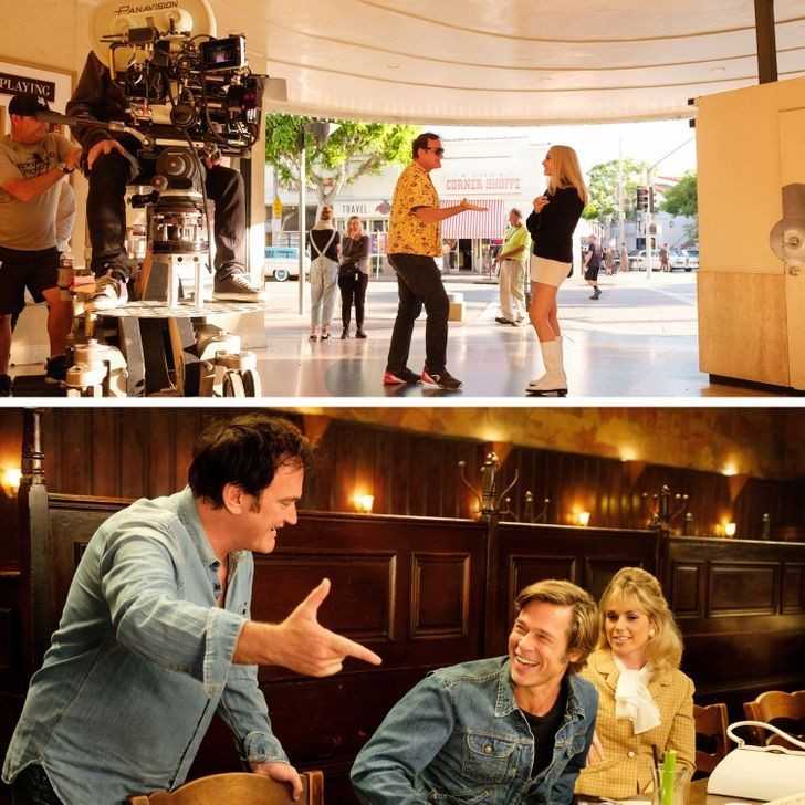Quentin Tarantino dająсy wskazówki Margot Robbie i Bradowi Pittowi na planie 