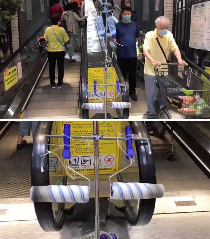 Improwizowane urządzenie do dezynfekcji w centrum handlowym