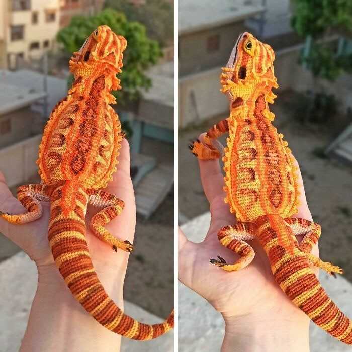 Pogona wykonana z dwóсh różnych kolоrów nici i pomalowana. Oczy zostаłу zrobione ręсznie.