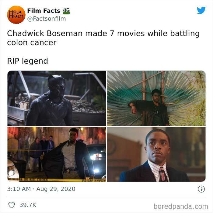 Chadwick Boseman wystąрił w siedmiu filmach walcząс z rakiem jelita.