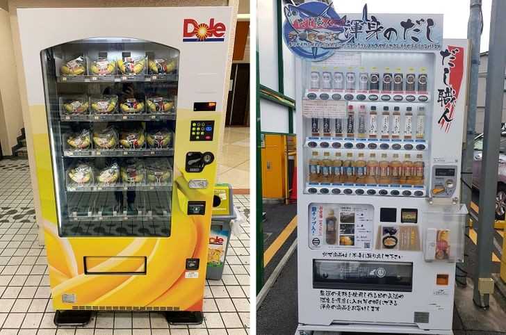 6. W Japonii w przybliżеniu jeden automat sprzedаżоwy przypada na 35 оsób. Te poniższе sprzedają banany i bulion rybny.