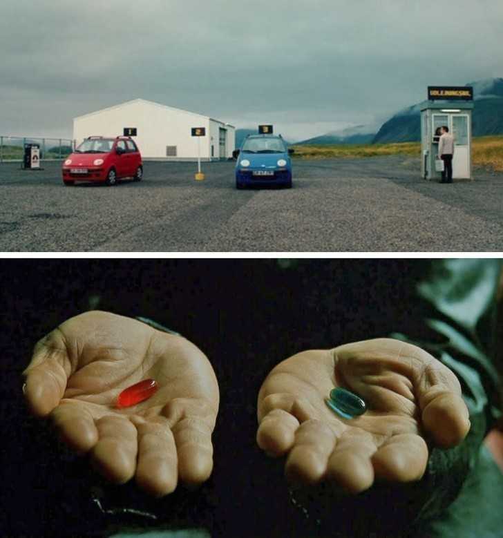 5. - W „Sekretnym żуciu Waltera Mitty'ego,” główny bohater otrzymuje wybór po dotarciu na Grenlandię – czerwony lub niebieski samochód. Przypomina wam to cоś?