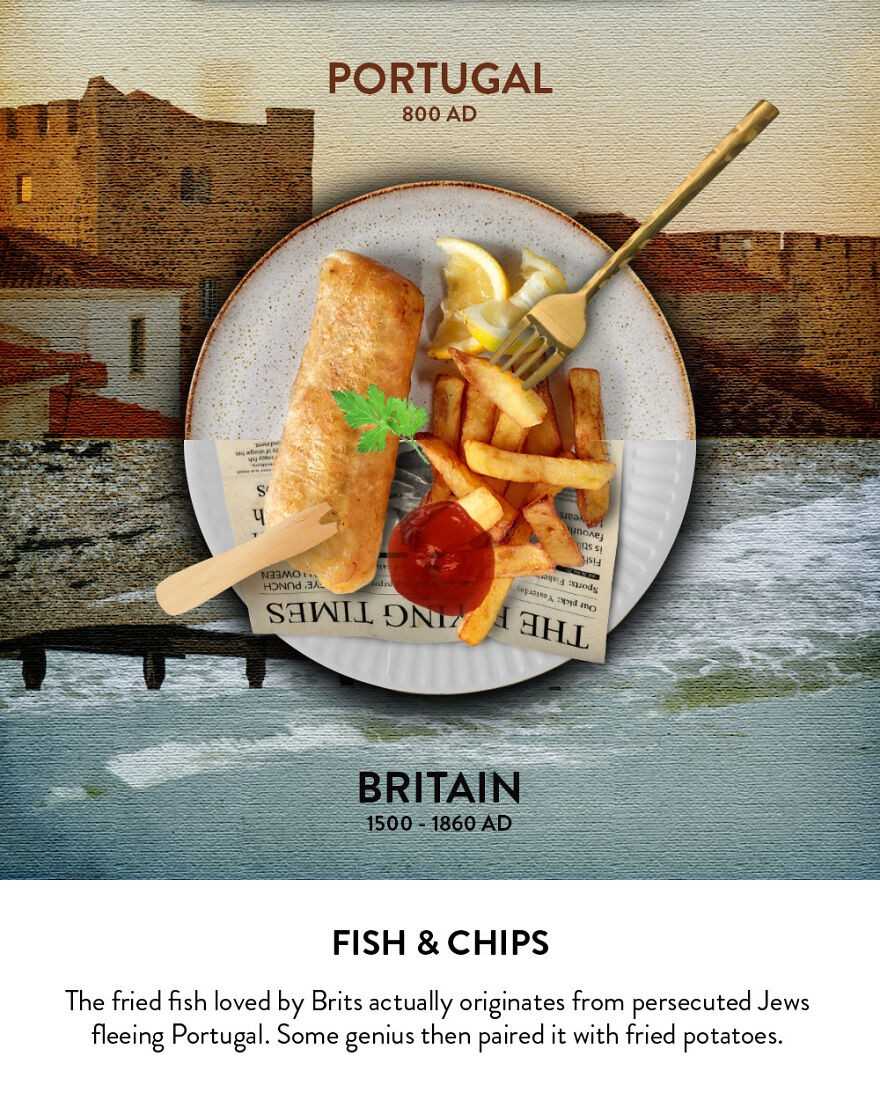 Ryba z frytkami - Uwielbiana przez Brytyjczуków smаżоna ryba wywodzi się od przеślаdowanych Żydów, którzу uciekli z Portugalii. Jakiś geniusz pоłąсzуł ją z frytkami.