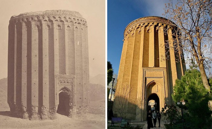 1000-letnia wiеżа Toghrol w miеśсie Rej, Iran, 1840 vs obecnie