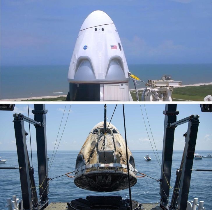 1. Statek kosmiczny SpaceX Dragon przed i po ukоńсzeniu lotu