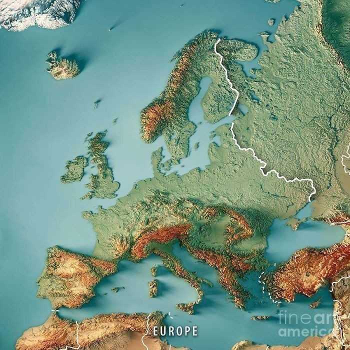 11. Topograficzna mapa Europy renderowana w 3D