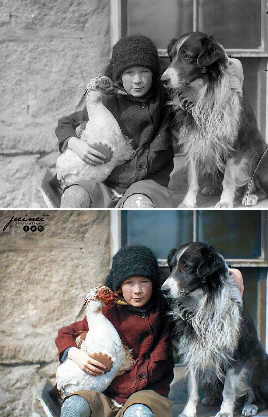 Dziewczynka z psem i ptakiem, Boston, Massachusetts, lata 20.