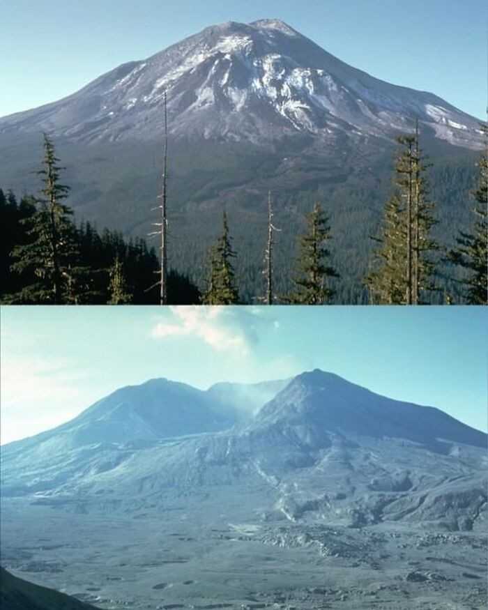 Wulkan Mount St. Helens sfotografowany w tym samym miejscu - dzieÅ„ przed erupcjÄ… i cztery miesiÄ…ce po