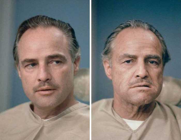 Marlon Brando przed i po naÅ‚oÅ¼eniu makijaÅ¼u do roli Dona Corleone w "Ojcu chrzestnym"