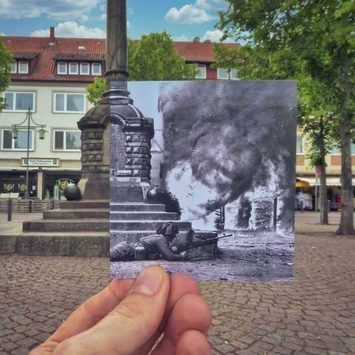 13. Rynek miejski w niemieckim mieÅ›cie Uelzen podczas kampanii "przeÅ‚amanie linii Zygfryda" w kwietniu 1945 i w 2021