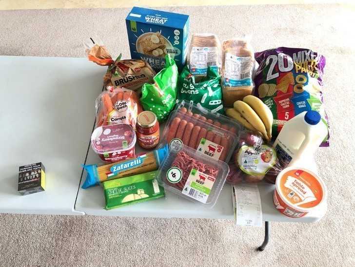 1. RÃ³wnowartoÅ›Ä‡ jednej paczki 40 papierosÃ³w w Australii, przedstawiona w produktach spoÅ¼ywczych.